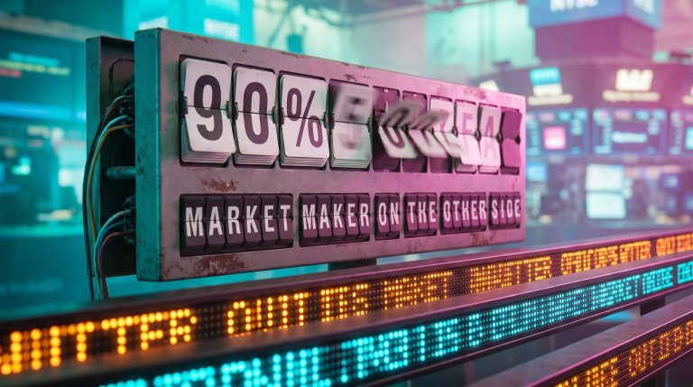 Split-flap board flipping to 90% illustrating options dealer hedging and the market maker on the other side of trades
