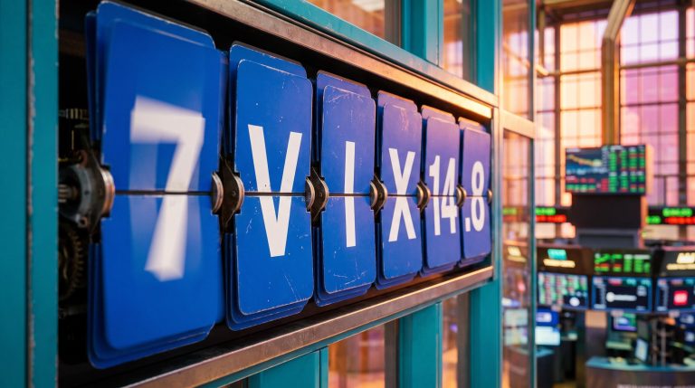 Split-flap board mid-flip showing VIX 14.8, illustrating options expiration volatility and hidden dealer hedging flows