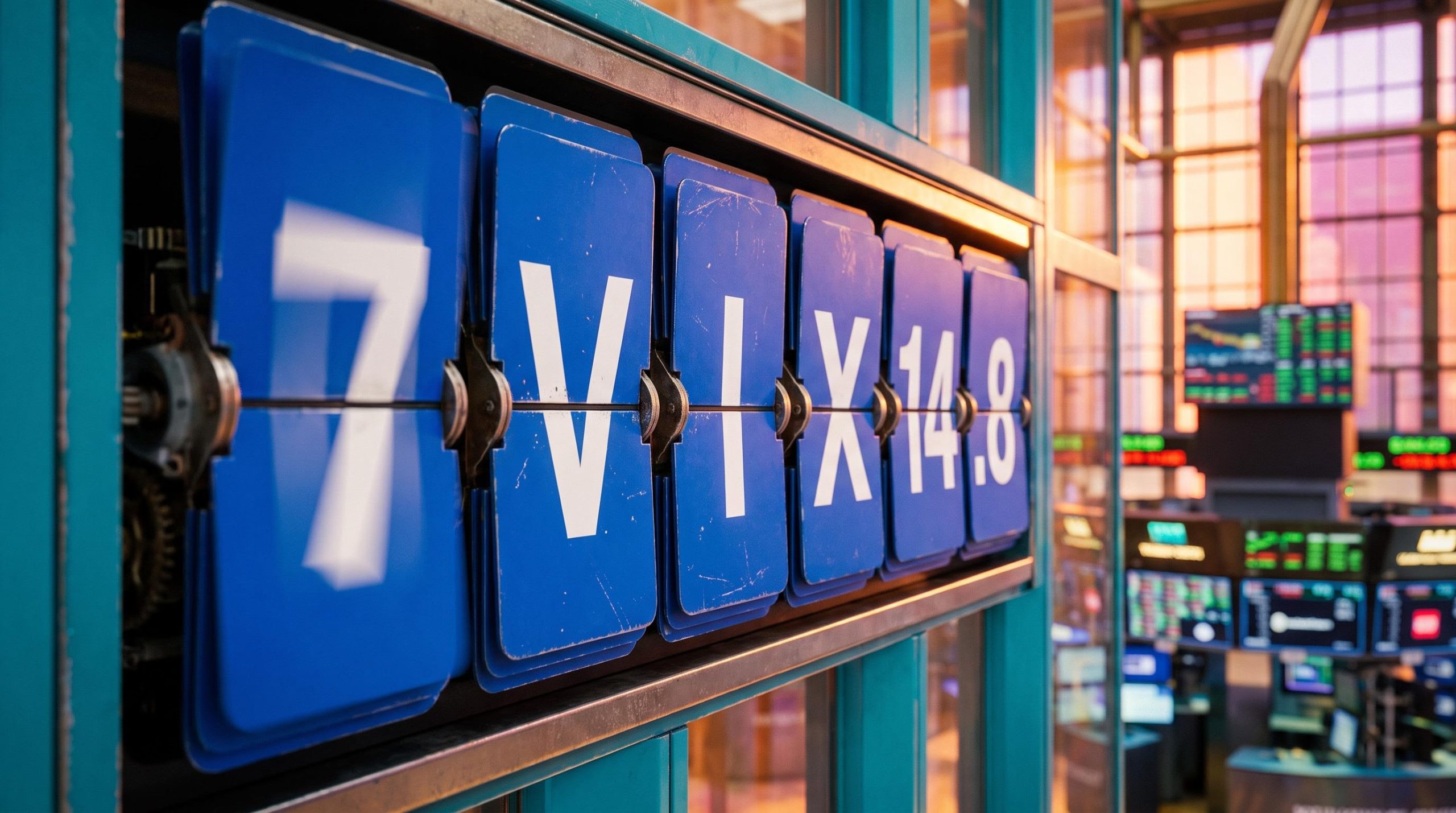 Split-flap board mid-flip showing VIX 14.8, illustrating options expiration volatility and hidden dealer hedging flows