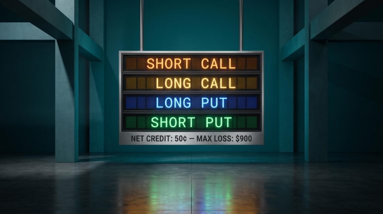 Four-leg Super Bear SPX options hedge structure board showing net credit 50¢ and $900 max loss limit