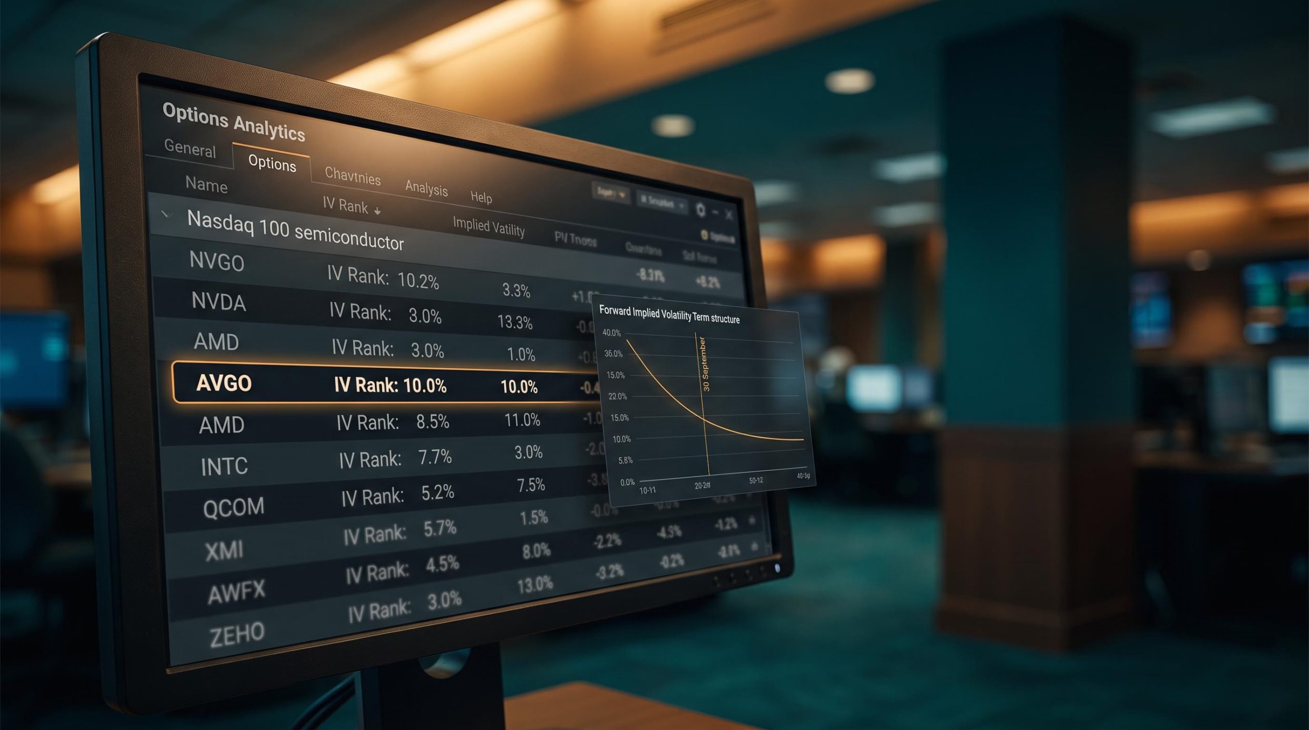 Options analytics terminal showing AVGO IV Rank 10.0% — a key options market signal in AI tech stocks