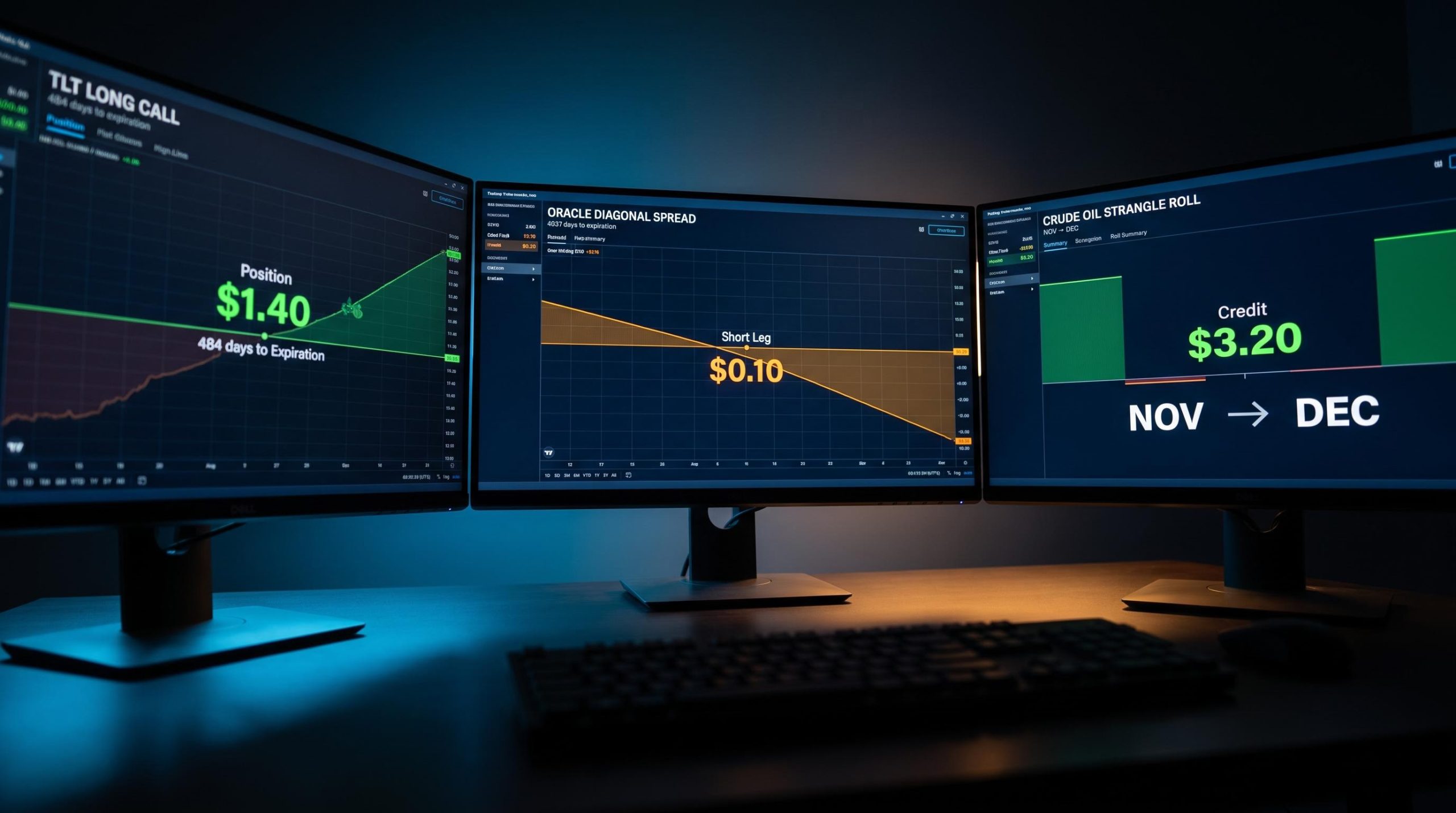 Three trading monitors displaying TLT, Oracle, and crude oil options positions with live Greeks data — options position management