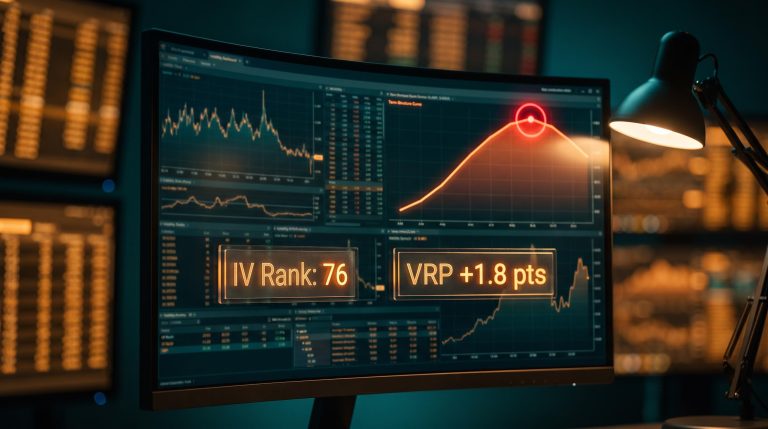 Volatility dashboard showing IV rank and compressed VRP figures — key options premium selling signals under scrutiny