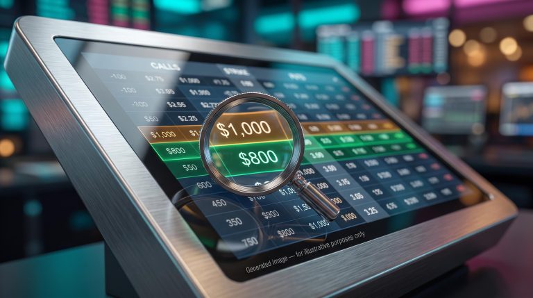 Loupe over an options chain screen comparing $1,000 and $800 targets in options pricing analyst targets analysis
