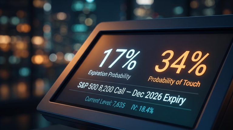 Options terminal showing 17% expiration and 34% touch probability for S&P 500 8,200 strike — options pricing probability