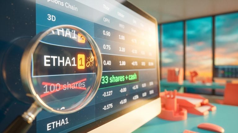 Magnified ETHA1 options symbol showing 33 shares plus cash after an options reverse stock split