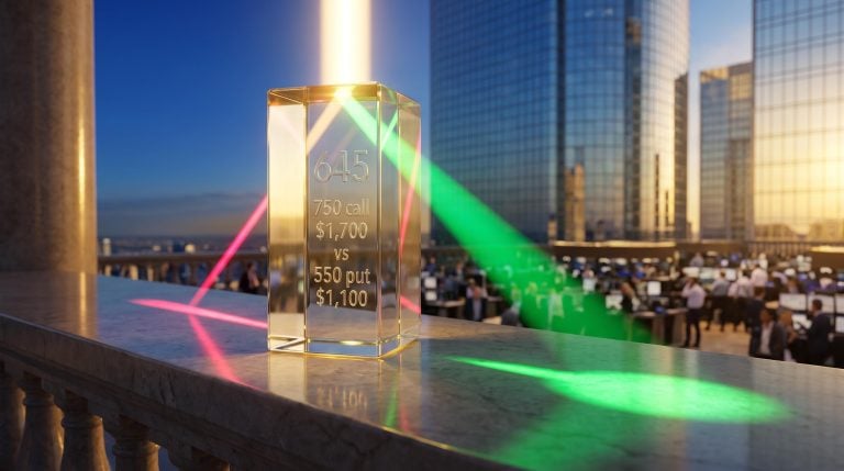 Crystal prism splitting light into unequal rays, illustrating options skew with AMD 750 call and 550 put prices