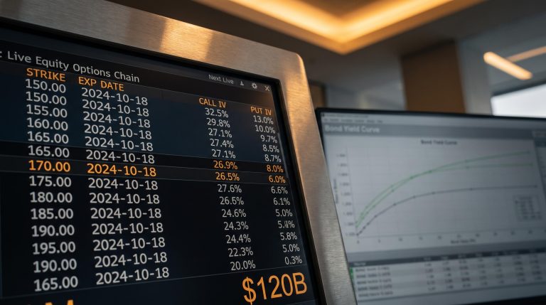 Institutional options chain terminal displaying $120B derivatives shift as advisors reassess bond allocations