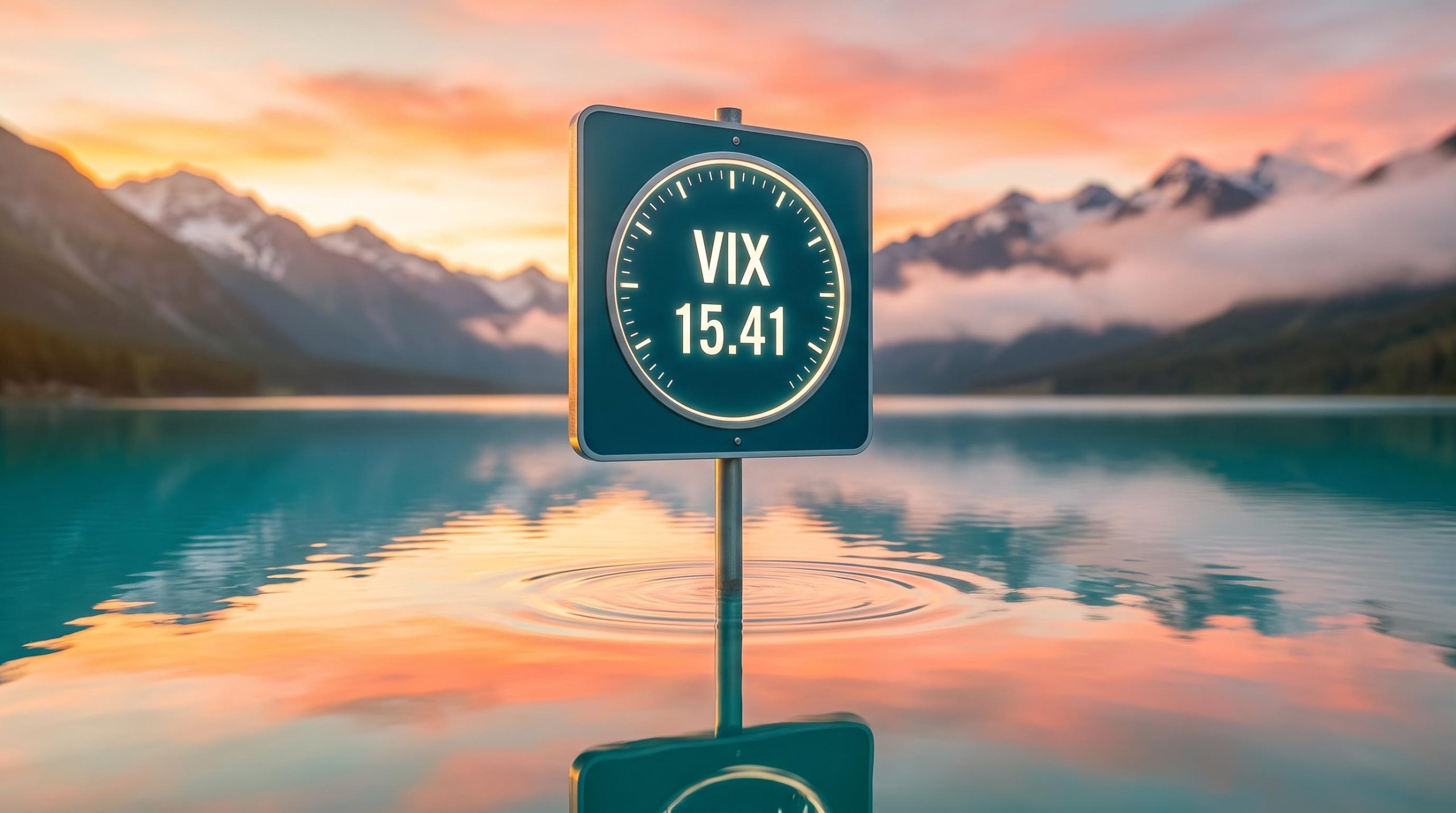 Still lake at sunrise with a signboard reading VIX 15.41, illustrating options strategies in low volatility