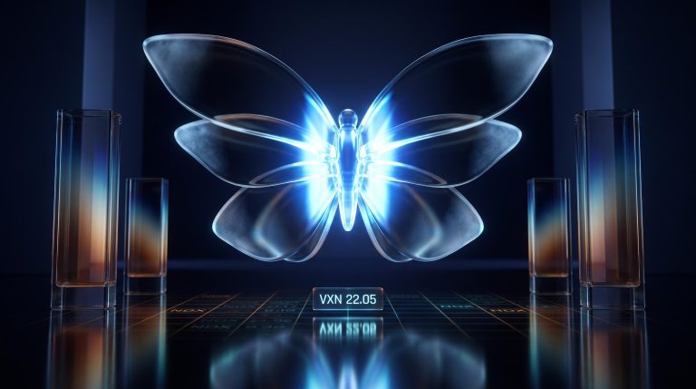 Defined-risk butterfly spread visualised as luminous glass structure, VXN 22.05 — options strategies for volatile markets
