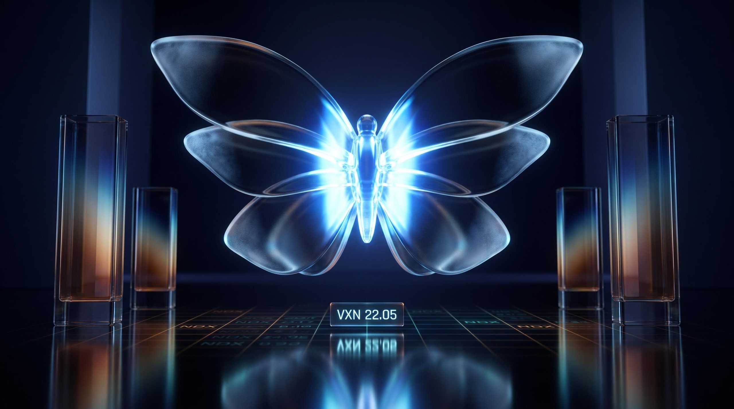 Defined-risk butterfly spread visualised as luminous glass structure, VXN 22.05 — options strategies for volatile markets