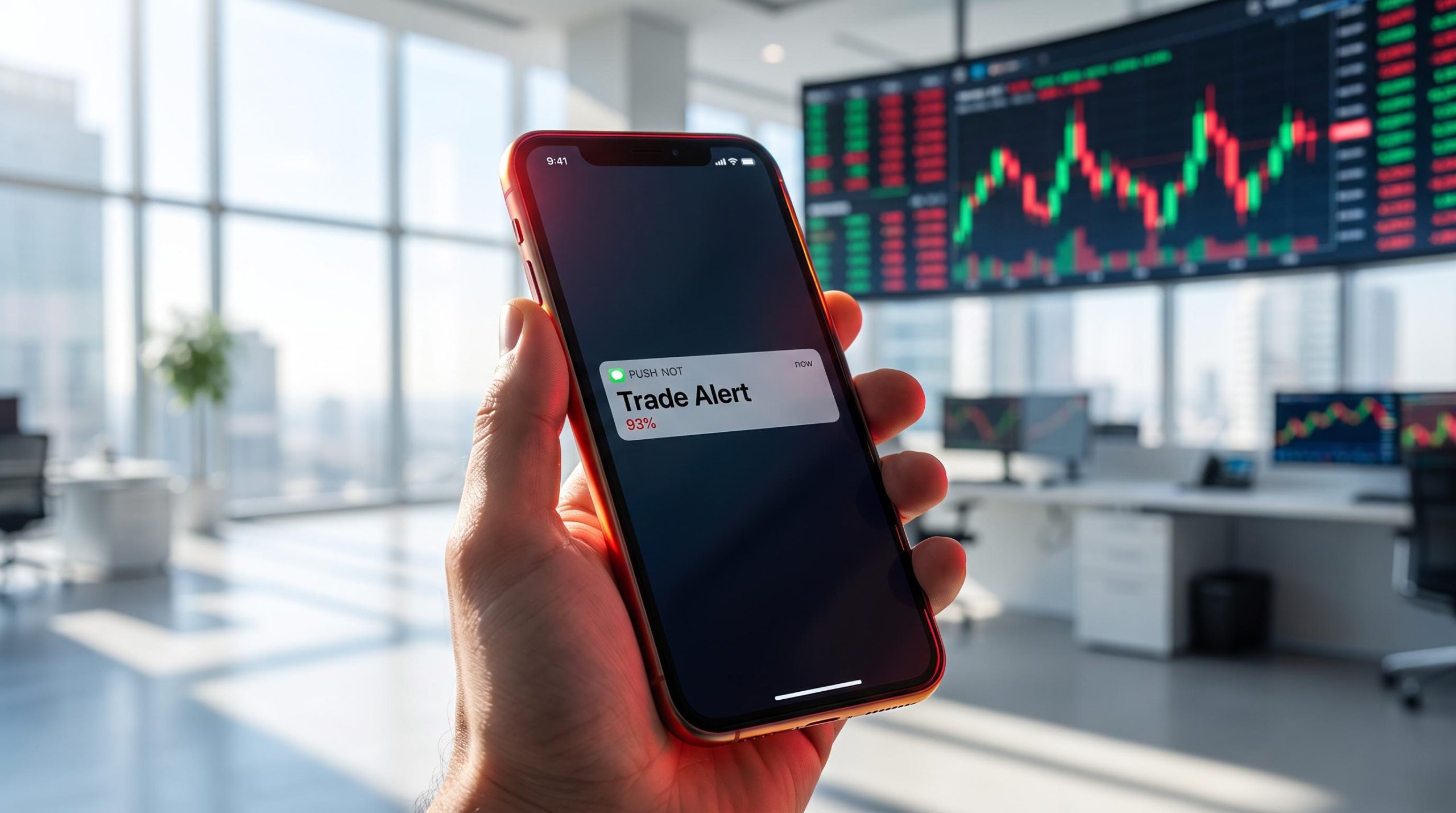 Smartphone showing an options trade alert notification with 93% loss figure, illustrating an options trade alert subscription