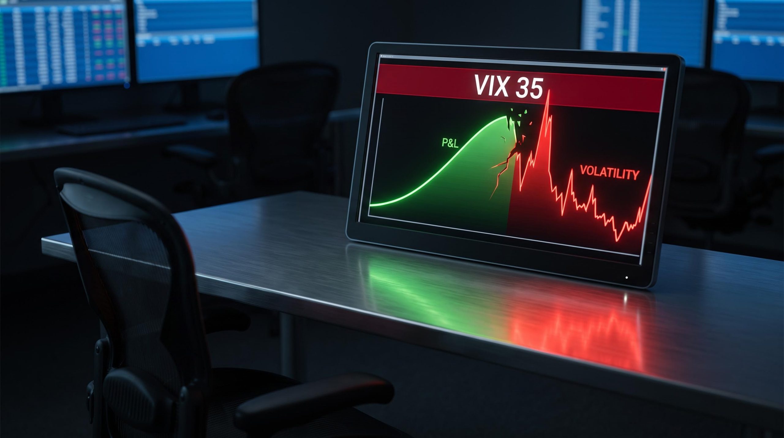 Options trading terminal showing VIX 35 spike severing a short-volatility P&L curve — options trading drawdowns visualised