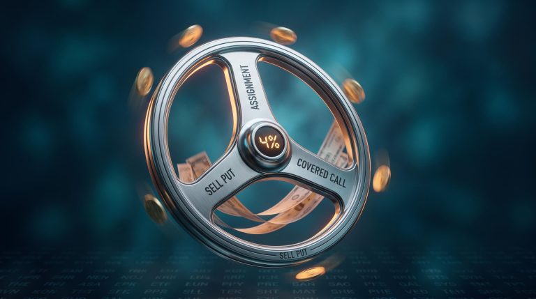 Mechanical options wheel showing sell-put, assignment, and covered call phases with 4% T-bill yield at its hub