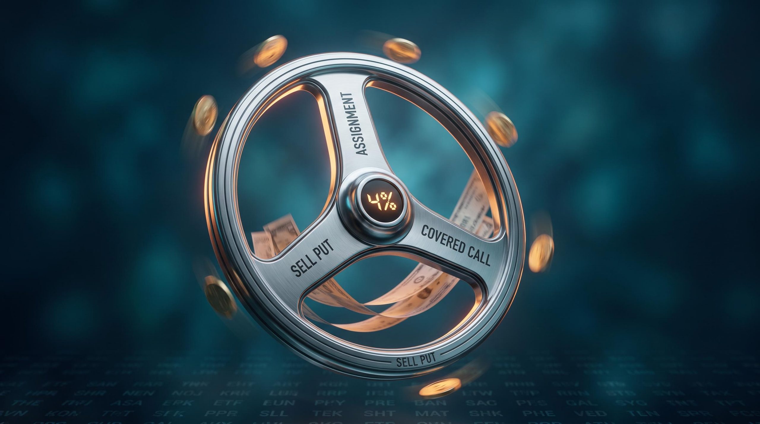 Mechanical options wheel showing sell-put, assignment, and covered call phases with 4% T-bill yield at its hub