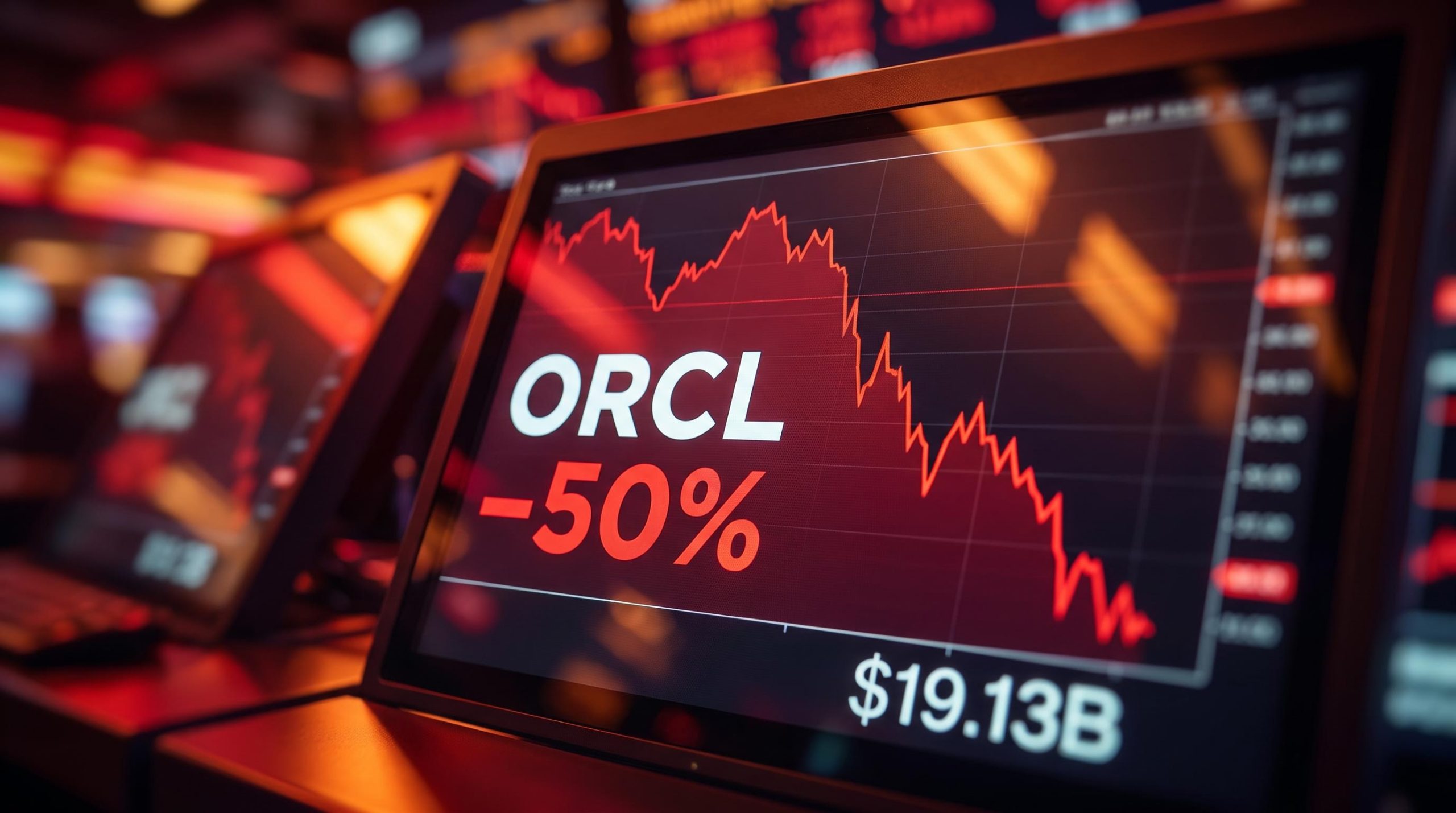 ORCL trading screen showing –50% drawdown ahead of Oracle Q1 FY2027 earnings with $19.13B revenue consensus