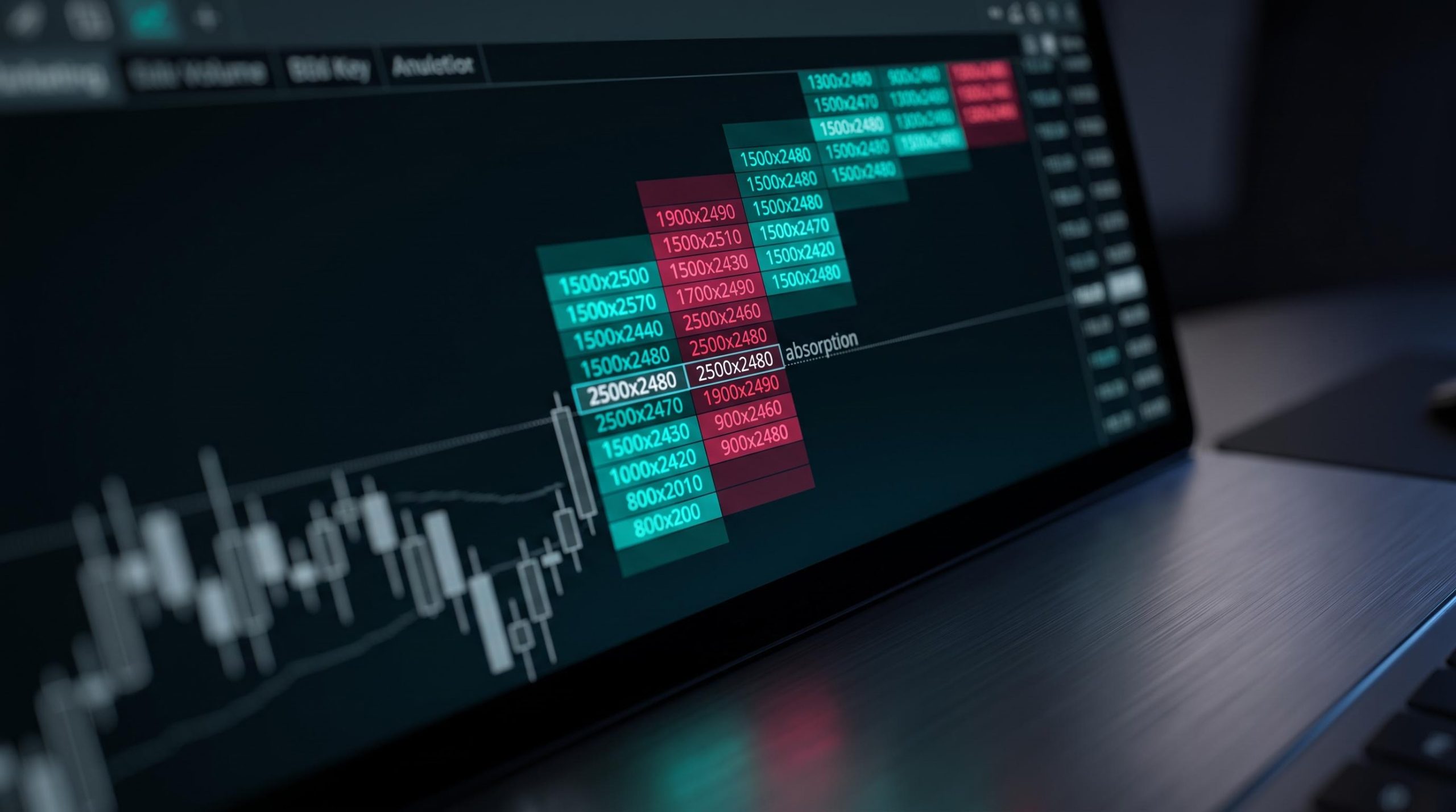 Footprint chart showing institutional absorption cluster — order flow trading concept visualised in teal and crimson