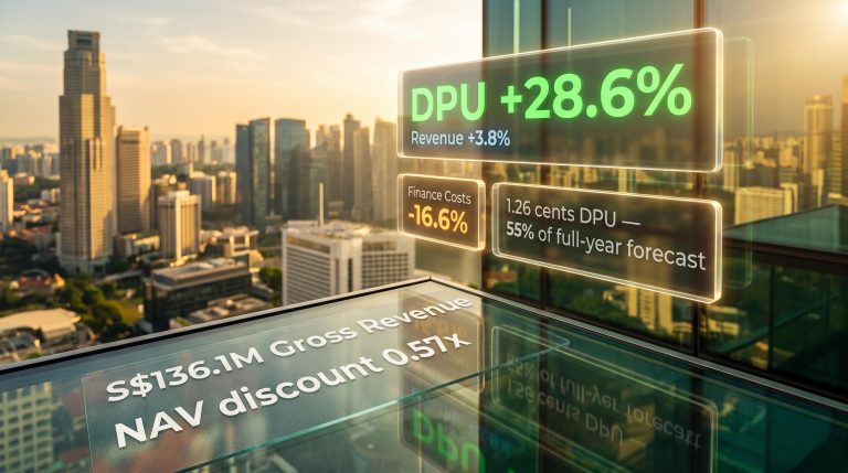 OUE REIT 1H 2026 results: DPU 28.6% to 1.26 cents against Singapore CBD skyline data overlay