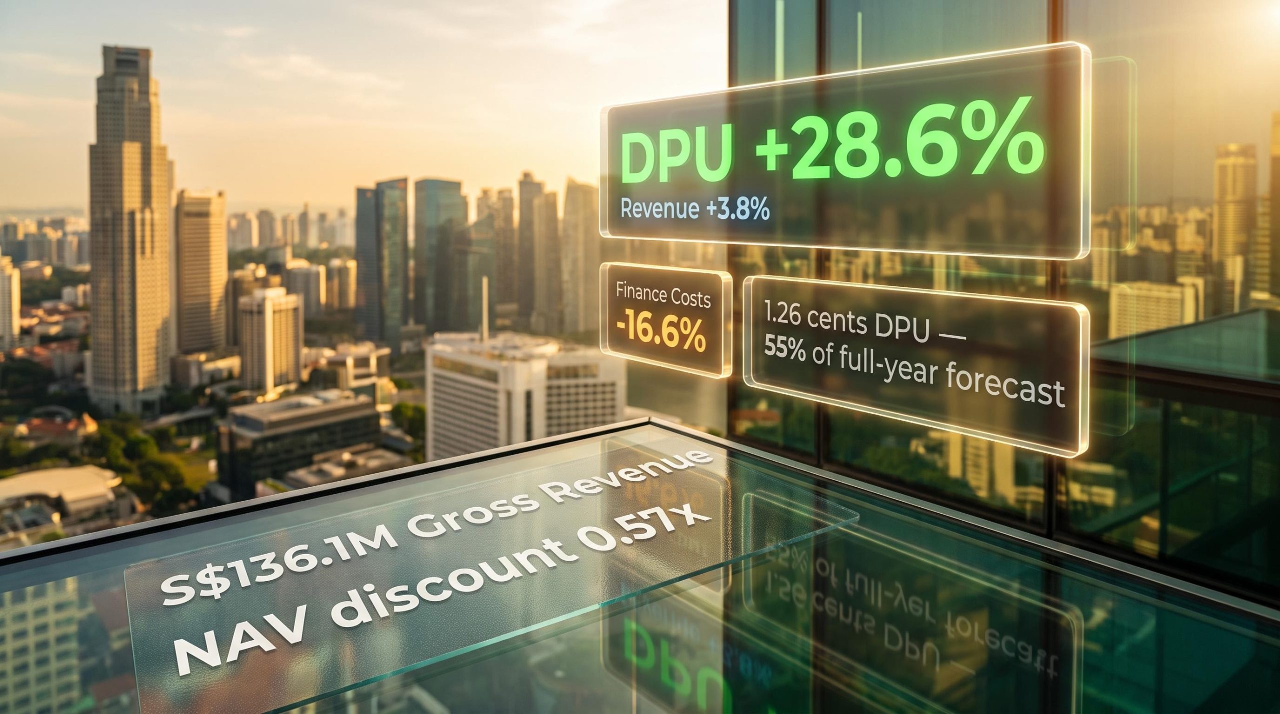 OUE REIT 1H 2026 results: DPU 28.6% to 1.26 cents against Singapore CBD skyline data overlay