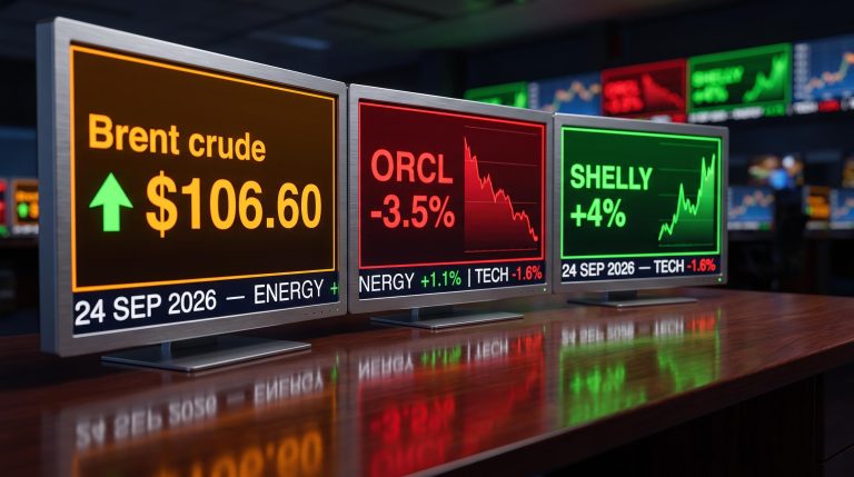 Trading screens display Brent crude at $106.60, Oracle -3.5%, and Shelly +4% in overnight global market recap