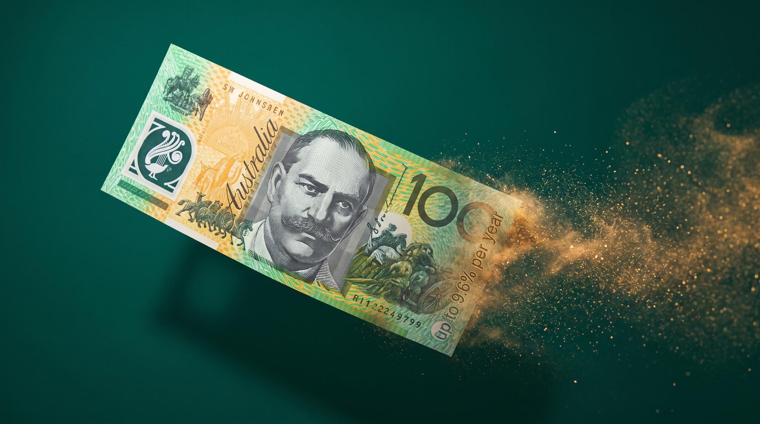 Australian $100 note dissolving into dust mid-air, showing the silent cost of overtrading ETFs at up to 9.6% per year