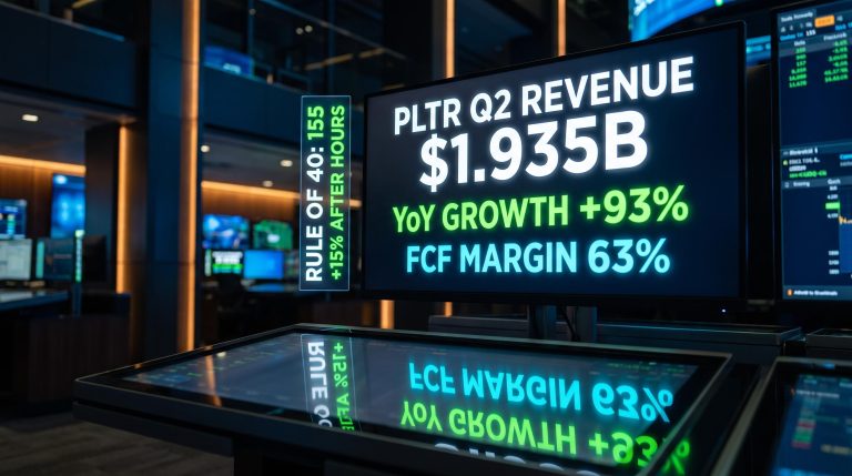 Palantir Q2 2026 earnings screen showing $1.935B revenue and 93% growth as stock surges 15% after hours