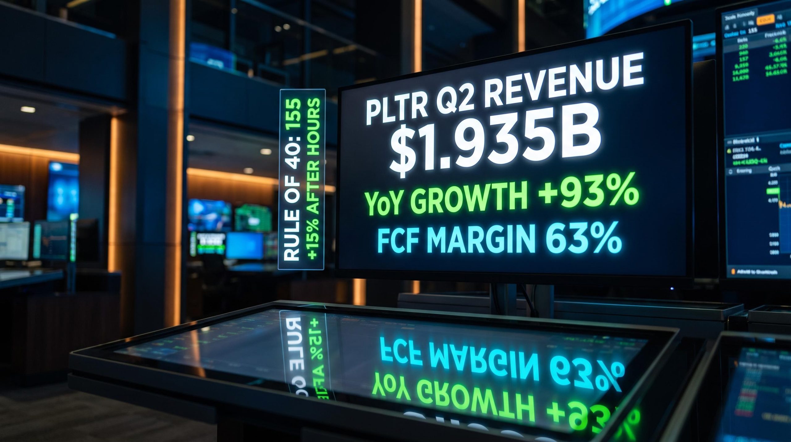 Palantir Q2 2026 earnings screen showing $1.935B revenue and 93% growth as stock surges 15% after hours