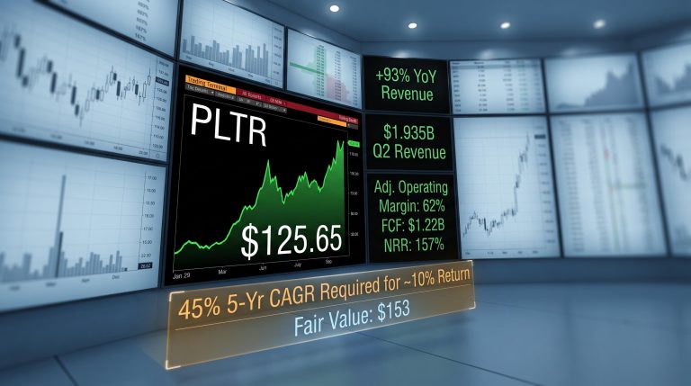 Palantir PLTR trading terminal showing $1.935B Q2 revenue and 45% CAGR valuation hurdle — Palantir stock analysis