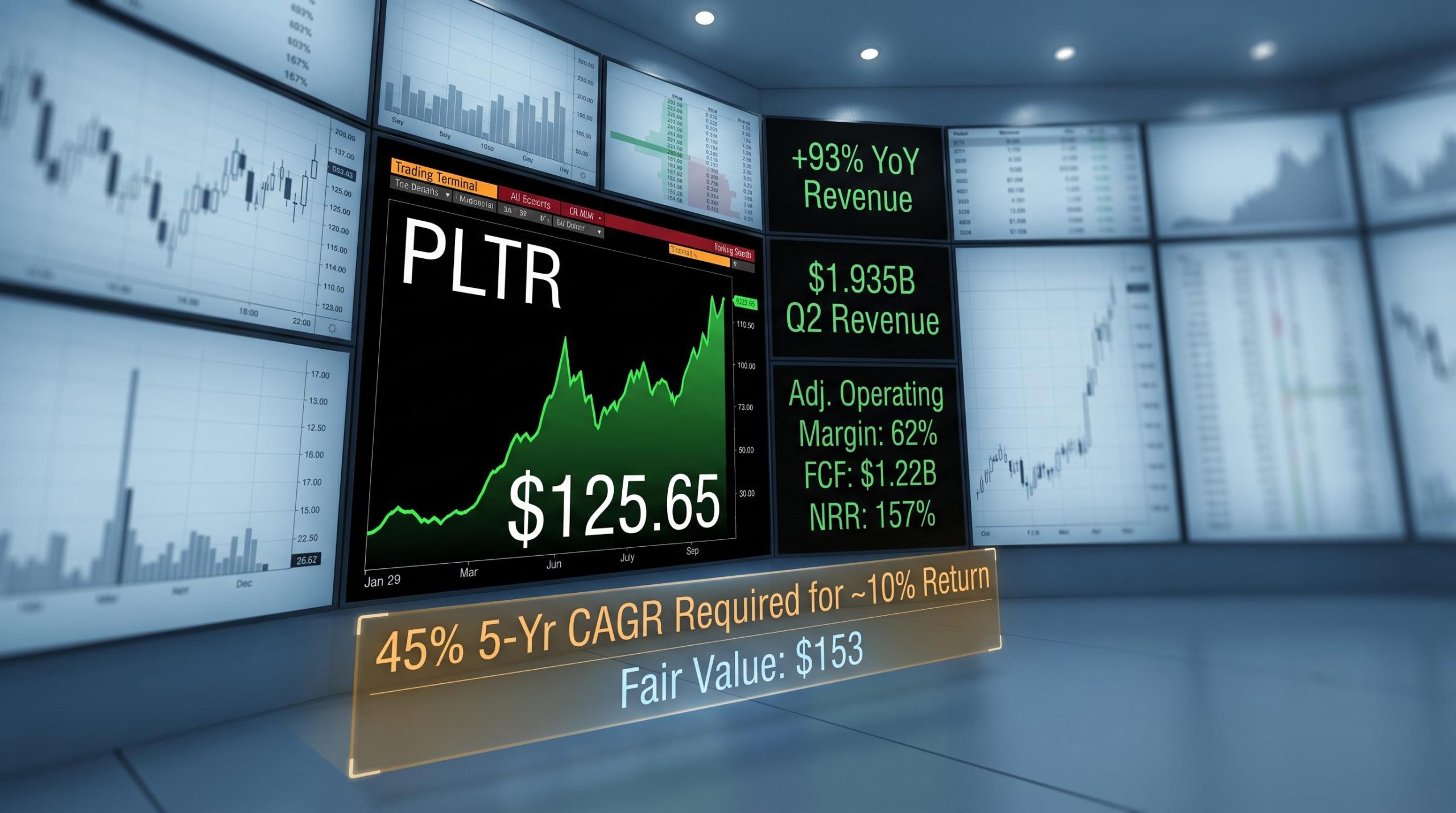 Palantir PLTR trading terminal showing $1.935B Q2 revenue and 45% CAGR valuation hurdle — Palantir stock analysis