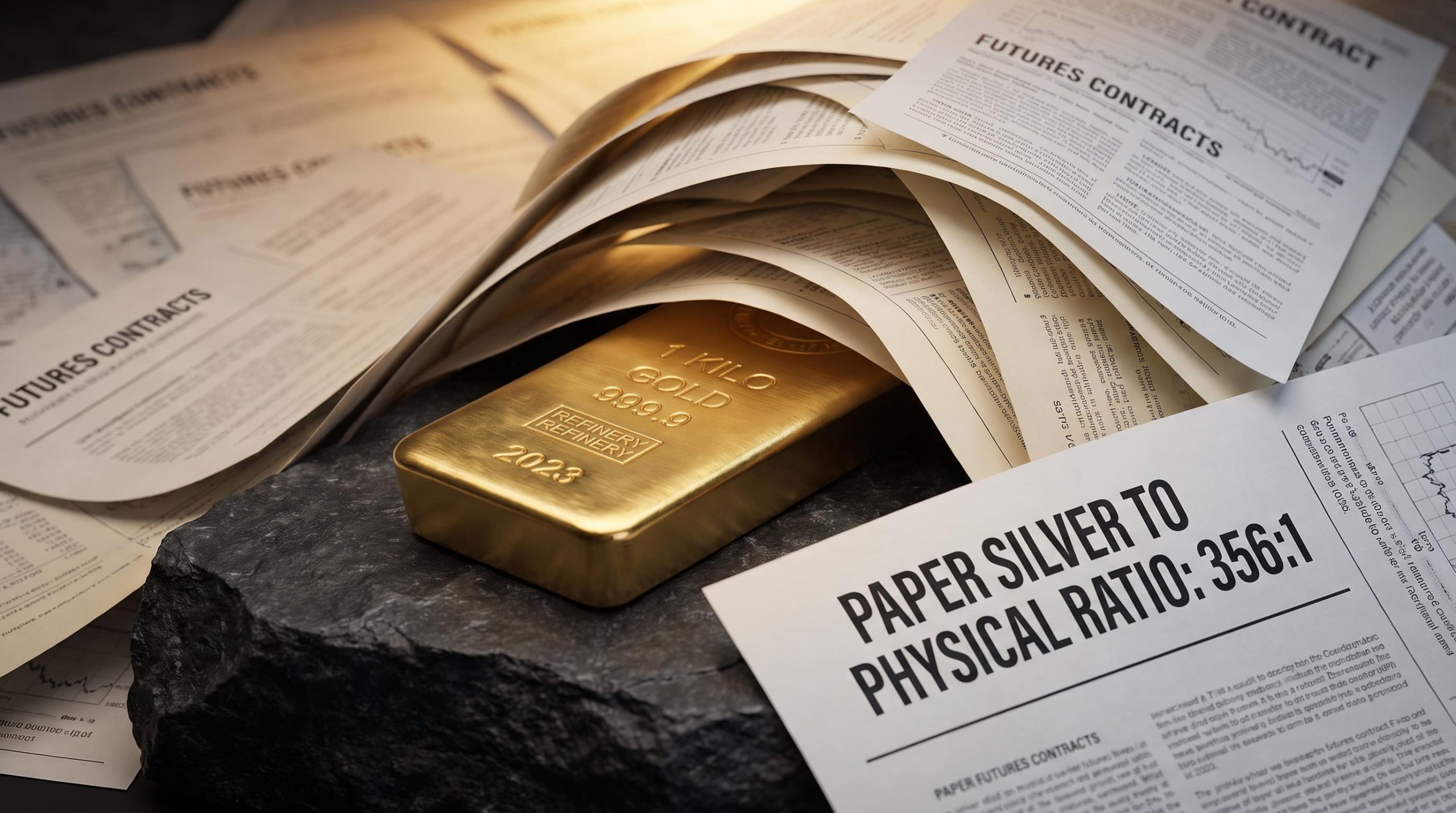 Gold bullion bar buried under paper futures contracts showing 356:1 ratio — paper gold vs physical gold explained