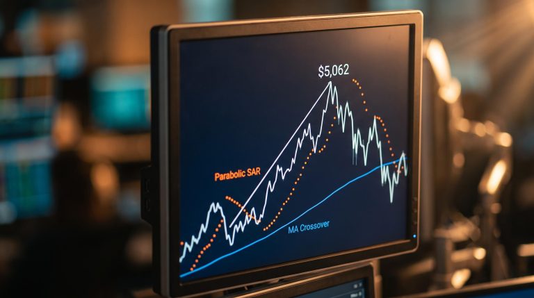 Parabolic SAR vs MA crossover signals shown on a glowing trading screen with $5,062 price peak annotated