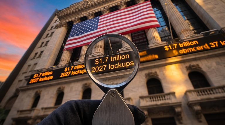 NYSE facade with magnified ticker showing $1.7 trillion, illustrating the Paul Tudor Jones 2027 stock market warning