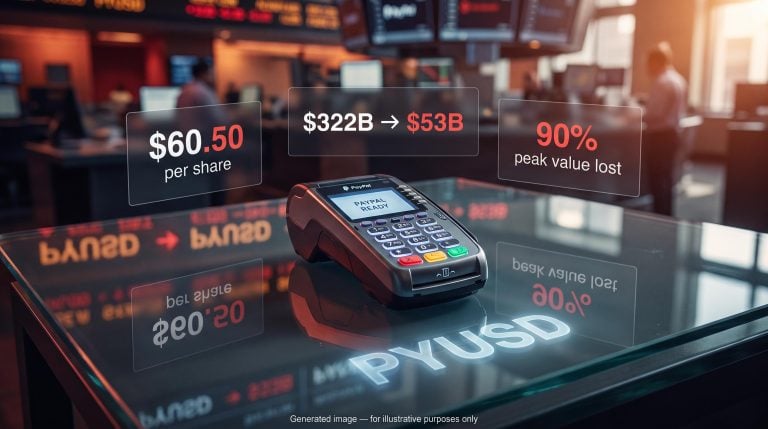 PayPal terminal with $60.50 bid price and 90% peak value loss data panels in amber editorial light