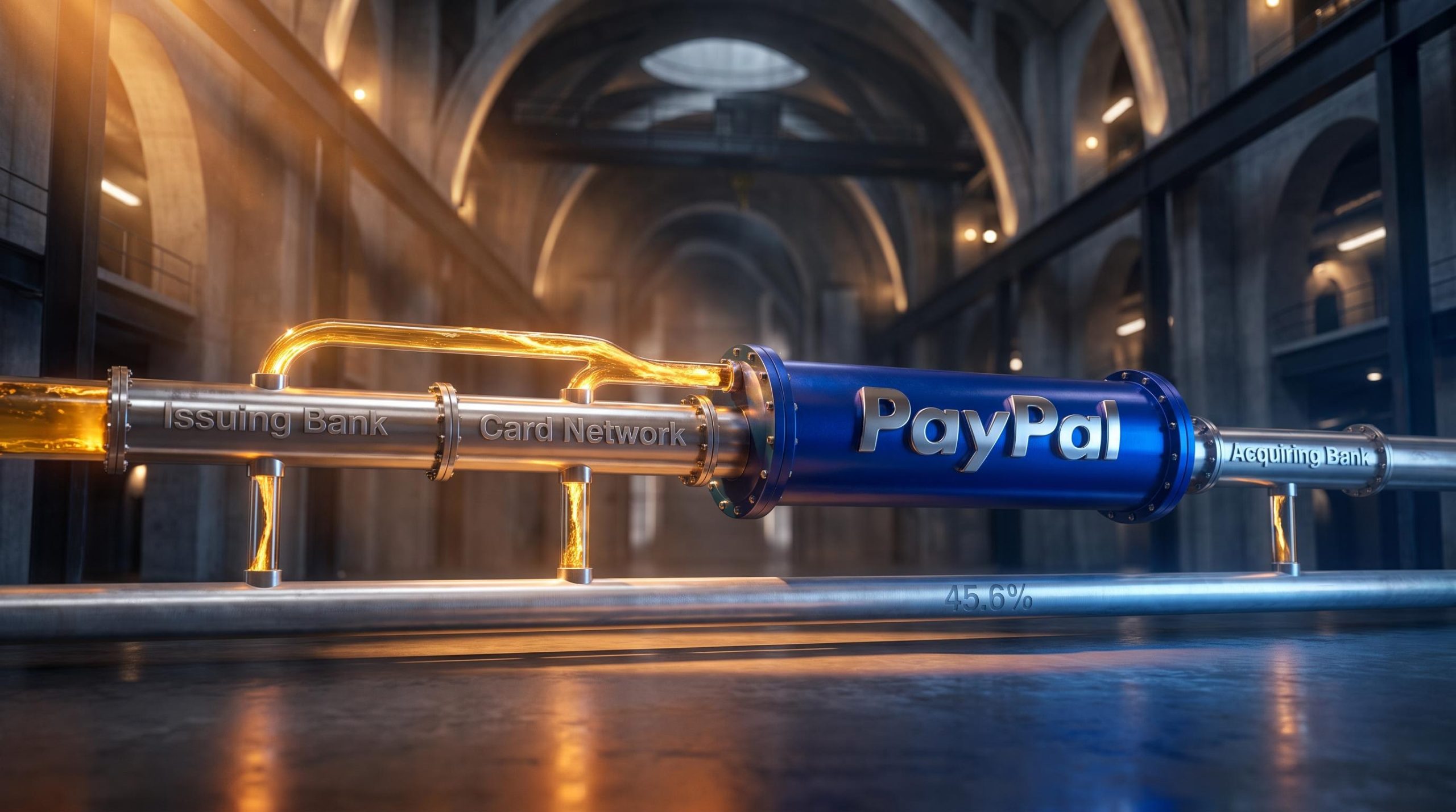 PayPal business model visualised as pressurised payment pipes with a bypass rail cutting the chain at 45.6% transaction margin