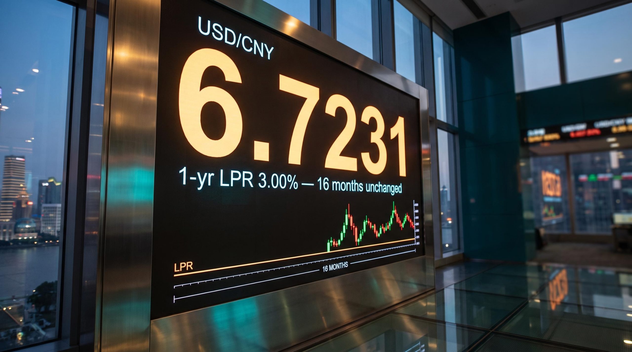 PBoC monetary policy: USD/CNY at 6.7231 on trading terminal with 16-month LPR freeze data line