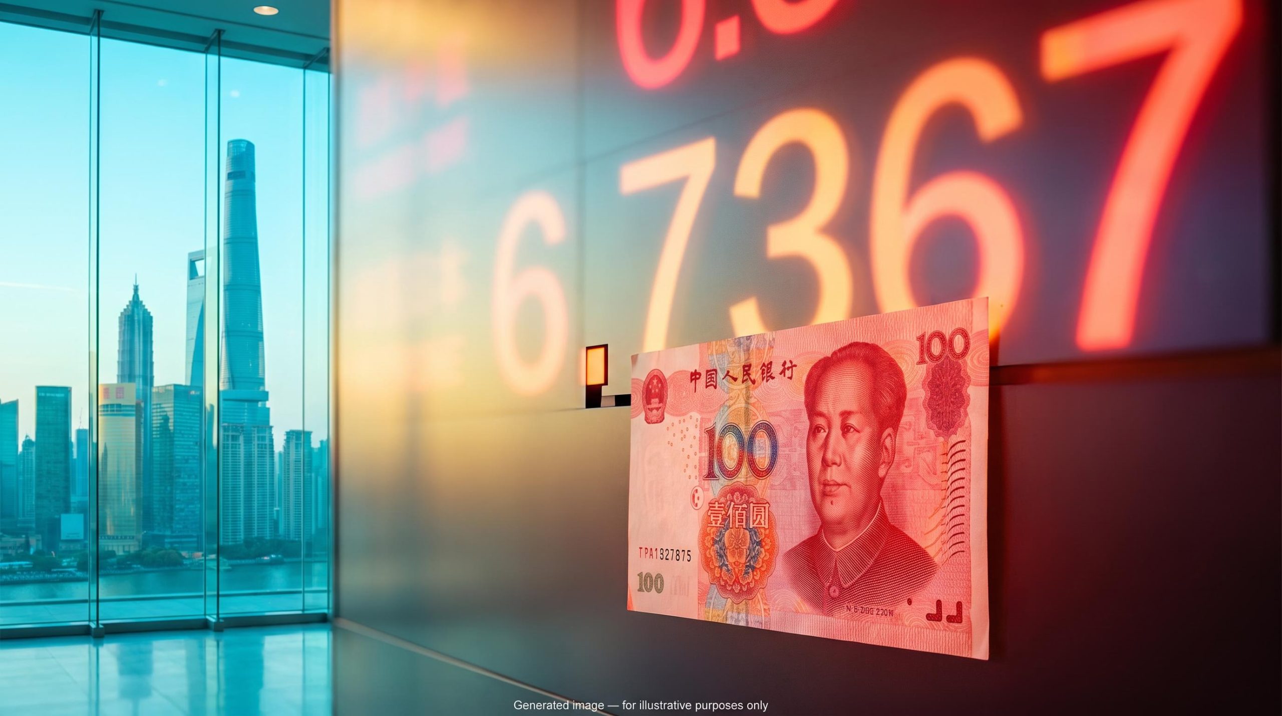 Yuan banknote against a rate board showing 6.7367, illustrating how to read the PBOC yuan fix