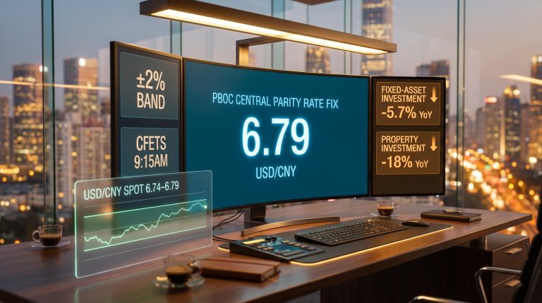 PBOC central parity rate fix at 6.79 displayed on FX terminal with China yuan exchange rate data overlays