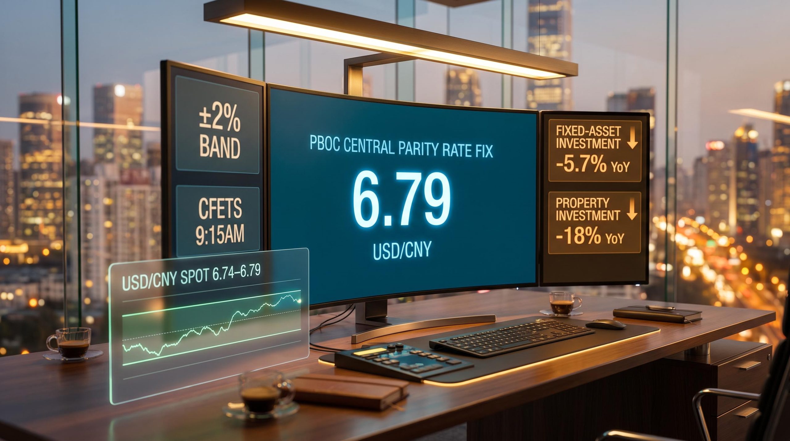 PBOC central parity rate fix at 6.79 displayed on FX terminal with China yuan exchange rate data overlays