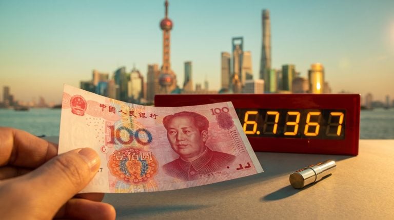 Chinese yuan banknote before a Shanghai skyline and a fixing board showing 6.7367, illustrating PBoC Yuan policy
