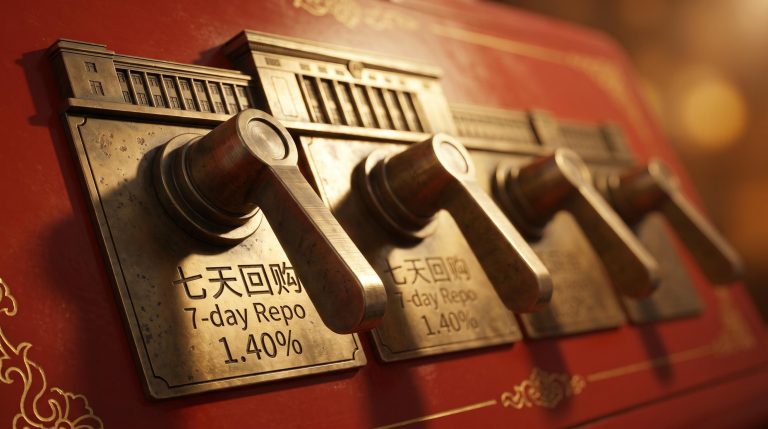 Bronze multi-lever control panel evoking People's Bank of China toolkit with 1.40% repo rate engraved