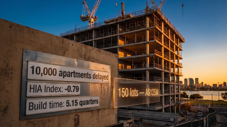 Perth apartment tower stalled mid-construction with HIA trade shortage index and 10,000 delayed apartments data overlay