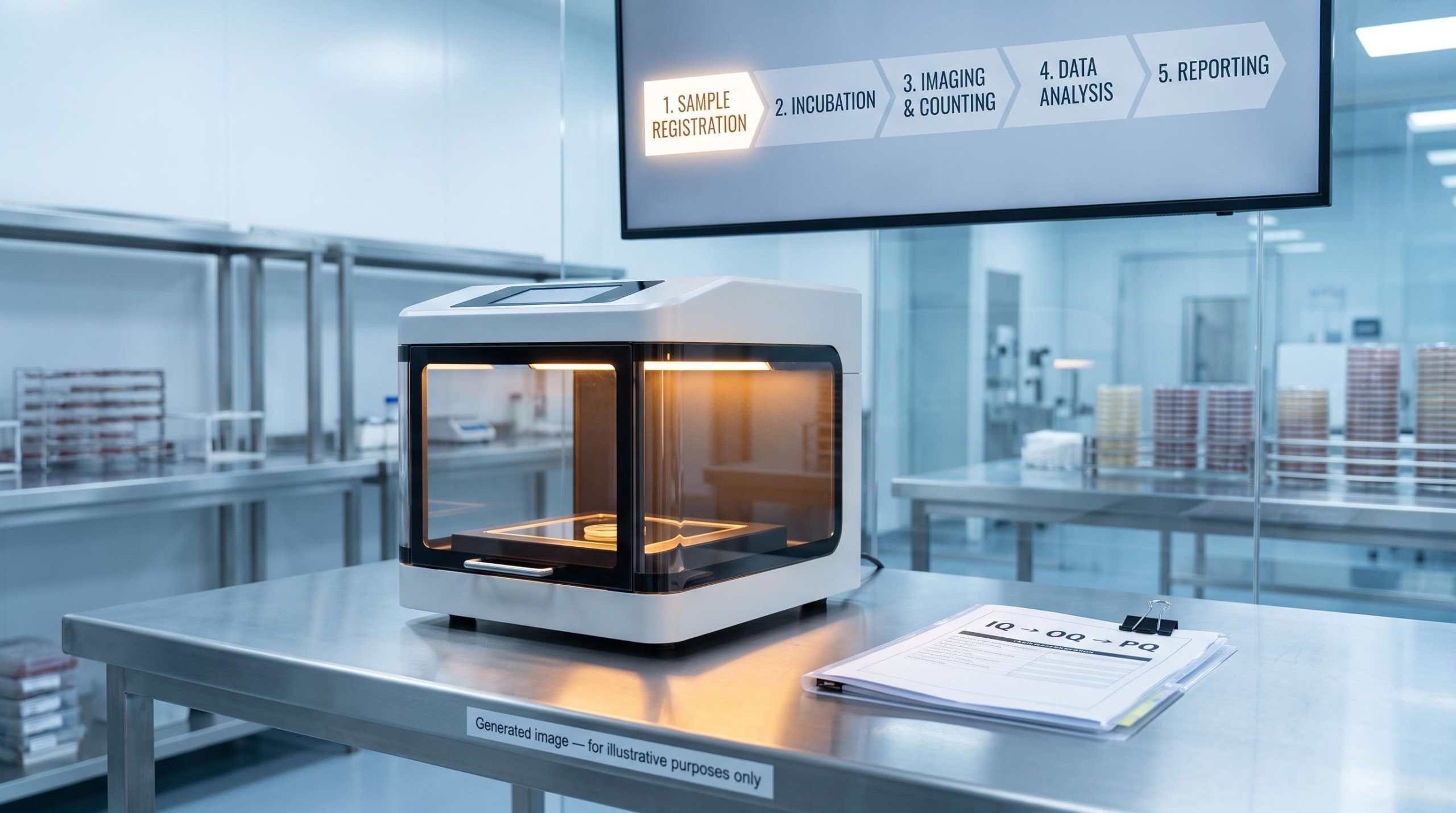 Automated colony counter in a GMP lab with IQ→OQ→PQ validation document, illustrating the pharmaceutical adoption process