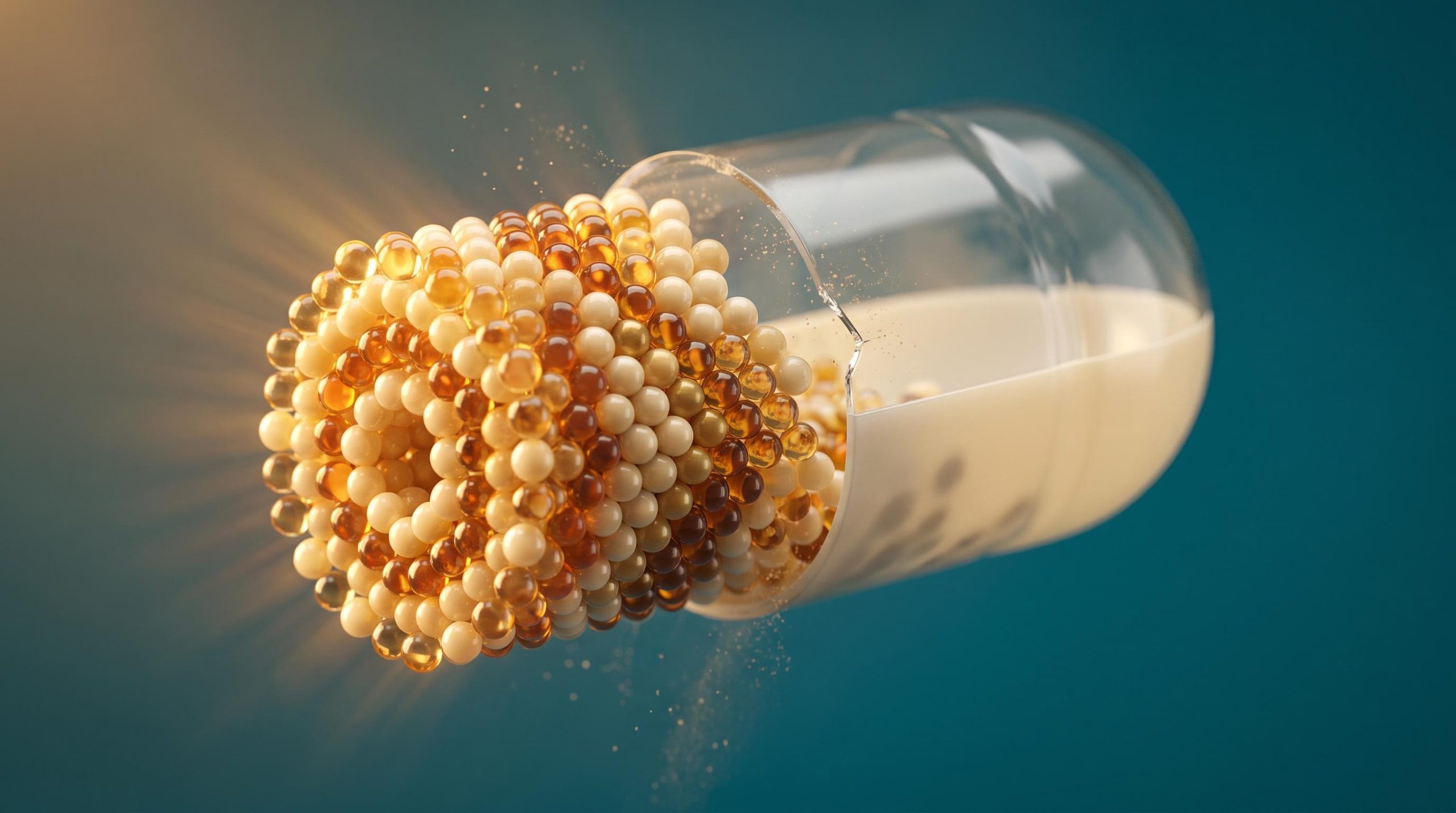 Pharmaceutical capsule cracked open revealing engineered micro-bead release matrix — the reformulation model visualised