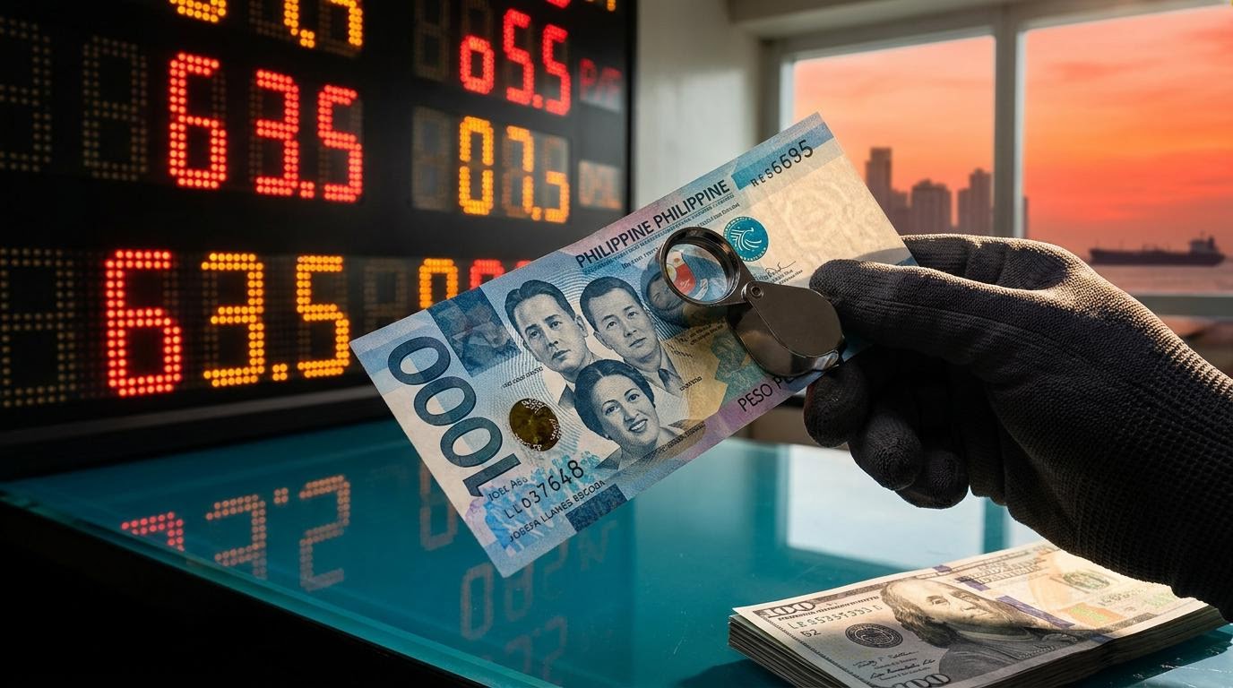 Philippine peso banknote under a loupe before a red exchange-rate board showing 63.5, illustrating the Philippine peso outlook