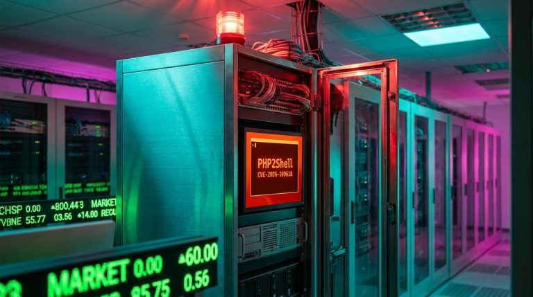 Server rack terminal flashing PHP2Shell vulnerability alert CVE-2026-109618 under red warning light as security stocks rally