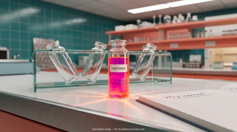 Single glowing vial among toppled empty vials on a lab bench, illustrating pipeline focus biotech strategy
