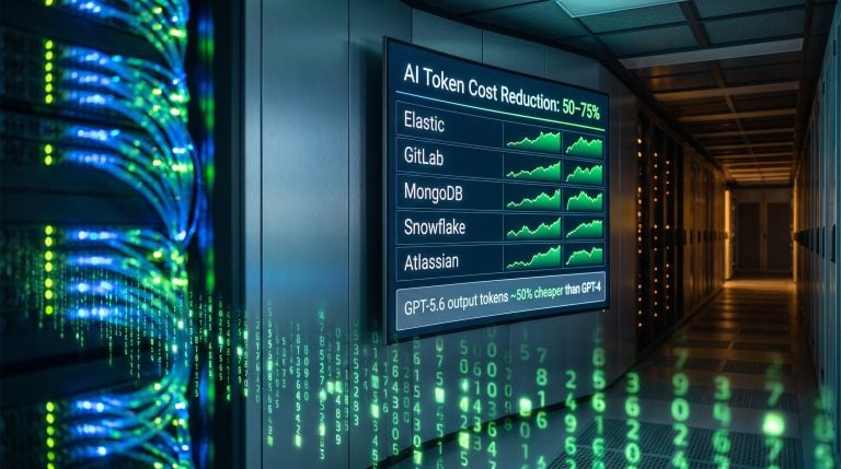 Piper Sandler AI infrastructure dashboard showing 50–75% token cost reduction for Elastic, GitLab, MongoDB, Snowflake, Atlassian