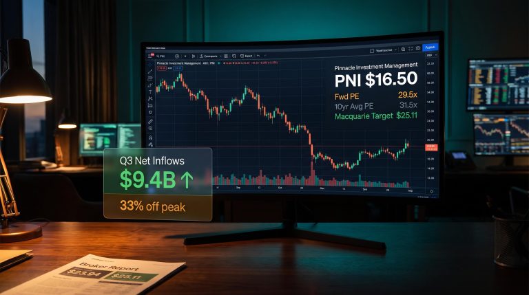 PNI share price at $16.50 with forward PE 29.5x and $9.4B Q3 inflows on trading screen ahead of FY26 result