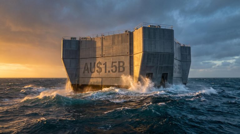 Floating wind platform in Southern Ocean swell with AU$1.5B hull marking — Australia offshore wind analysis