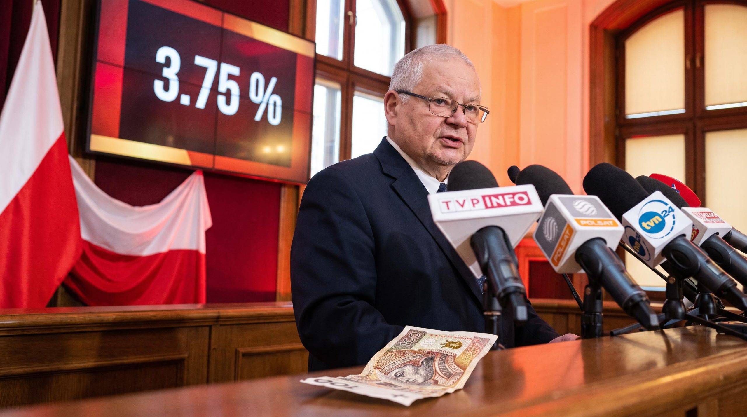 Governor Glapiński at a podium beside a 3.75% display as the Polish central bank rate hike stays conditional